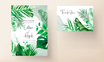 Tropical wedding invitation template with elegant tree leaves