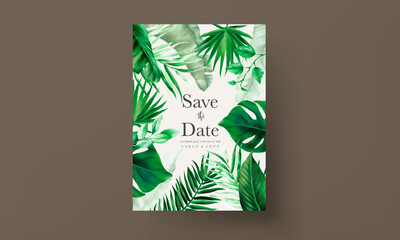 Tropical wedding invitation template with elegant tree leaves