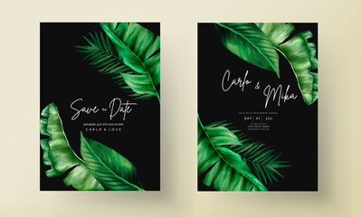 Elegant wedding invitation card with green tropical watercolor