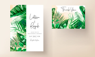 Elegant wedding invitation card with green tropical watercolor