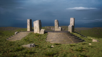 Fototapeta Mystical fantasy temple with standing stones in a wild highland landscape under stormy grey sky. 3D illustration. obraz