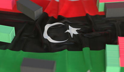Fototapeta Flag of Libya and small cargo containers, export or import related 3D rendering obraz