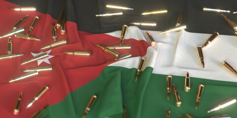 Fototapeta Scattered bullets on the flag of Jordan. Firearms regulation or army related conceptual 3D rendering obraz