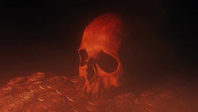Treasure Pile With Skull In Smoky Fire Glow
