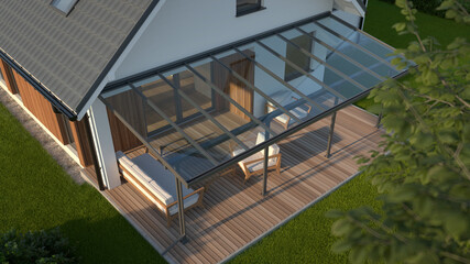 Fototapeta Terrace canopy, clear glass roof, top view, 3d illustration obraz