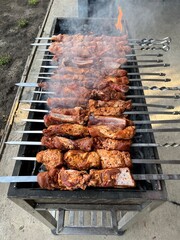 barbecue on the grill. fry meat outdoors. coals and fire