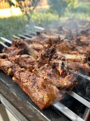 barbecue on the grill. fry meat outdoors. coals and fire