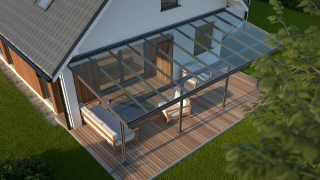 Terrace canopy, clear glass roof, top view, 3d illustration