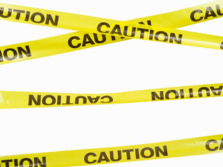 Yellow plastic warning tapes, enclosing a dangerous place. Construction sites, crime scene, emergency sections of the road, the place of the epidemic, quarantine. Isolated on white background.