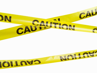 Yellow plastic tapes with black inscription - caution. Isolated on white background. Forbidden zone...