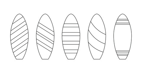 Set, vector, surfboards, different, pattern., Extreme, sports, equipment, icons., Summer, surfing, boards, ornament.