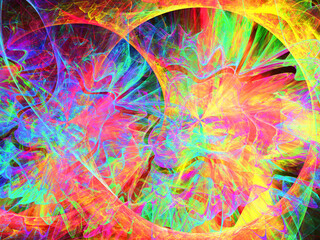 Creación de arte abstracto digital compuesto de trazos circulares y ondulantes en colores vivos sobre fondo negro en un conjunto con aspecto de ser la reproducción de seres energéticos esféricos. © Pedroml