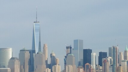 A city skyline with tall buildings