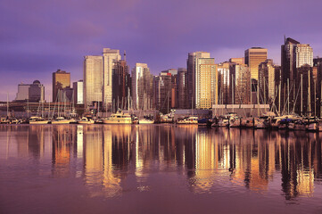 Fototapeta na wymiar View of the harbour at sunset time. Vancouver.
