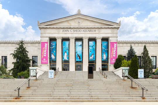 CHICAGO, IL, USA - JULY 1, 2022: The Shedd Aquarium is located in the Museum Campus in downtown Chicago and next to Lake Michigan. The building was built in 1930 and houses about 32,000 animals.