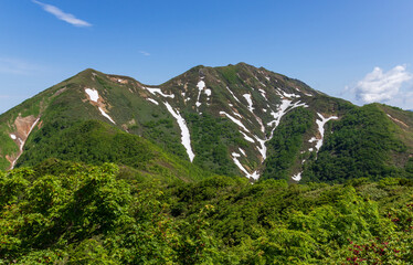 夏の白毛門から笠ヶ岳、朝日岳を臨む