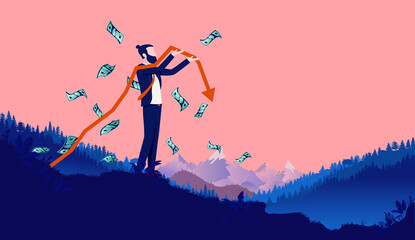 Businessman losing money during recession. Financial and economic loss concept, vector illustration with copy space
