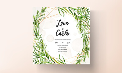 Wedding invitation card template with beautiful greenery leaves