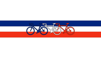 Fototapeta Bicycle: silhouette of three bicycles that make up the tricolor of the French flag with the French flag behind them. present the shadow effect to detach the silhouette from similar colors.
 obraz