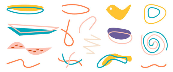 Hand drawn line contour modern abstract shapes, plant and round, bird, blot, spiral and wave objects set. Minimalist geometric forms. Design for banners, brochures and covers. Vector illustration