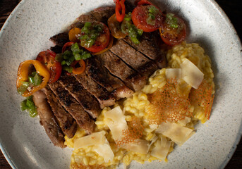 beef steak with vegetables and Risotto