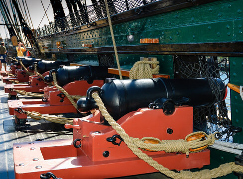 canons of the Old Ironsides or USS Constitution, historic civil war ship, Boston, Massachuse