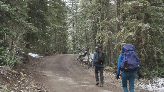 Young couple walking through the trees wearing hiking backpacks