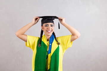 afro woman with brazil clothes and a cap on her head. Brazil education concept