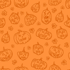 Fototapeta na wymiar Vector Halloween hand drawn doodle pattern illustration with pumpkins with scarry faces and leaves