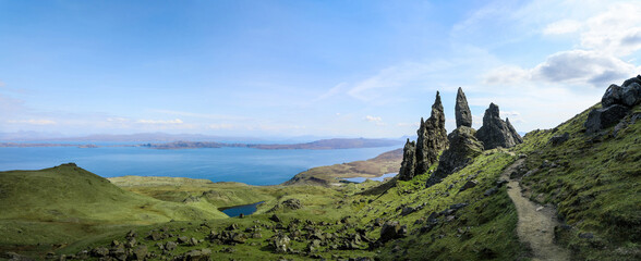 Epic panoramic view of the Old Man of Storr 