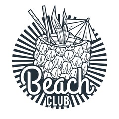 Cocktail in pineapple. Summer tropical exotic fruit print