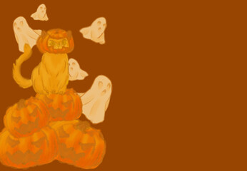 Fondo de gato vestido de calabaza sobre calabazas con fantasmas de fondo