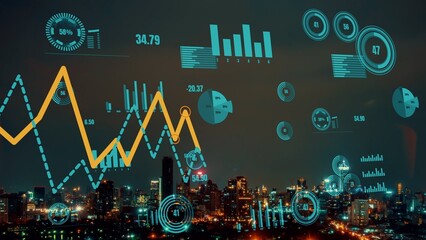 Business data analytic interface fly over smart city showing alteration future of business intelligence. Computer software and artificial intelligence are used to analyze big data for strategic plan .
