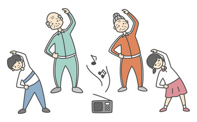 ラジオ体操をする老人と子供（主線あり）