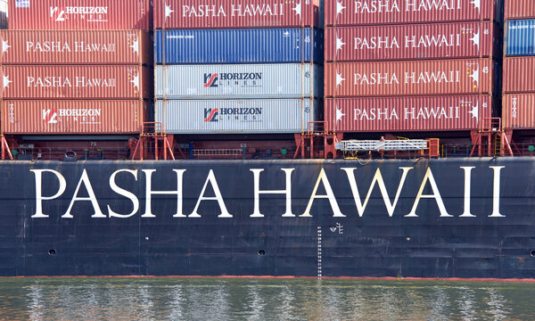 Oakland, CA - June 8, 2022: Close up on ASHA HAWAII logo on cargo ship HORIZON SPIRIT at the Port of Oakland. Pasha Hawaii offers specialized transport between the Mainland US and Hawaii.