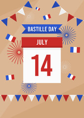 bastille day poster with calendar showing 14 july and some french flags for bastille day celebration - obrazy, fototapety, plakaty