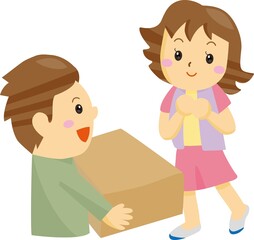 大きな荷物を運ぶ男性と受け取る女性