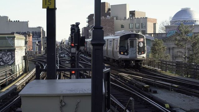 MTA Subway departing Myrtle Avenue Subway Station in Brooklyn. Public transport in NYC