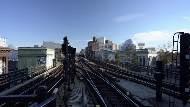 View from Myrtle Avenue Subway Station in Brooklyn New York. Subway approaching