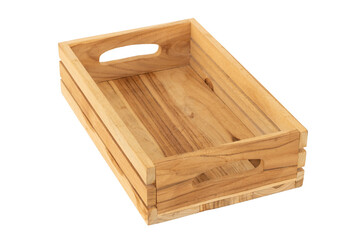 Empty wooden crate box isolated on white background.