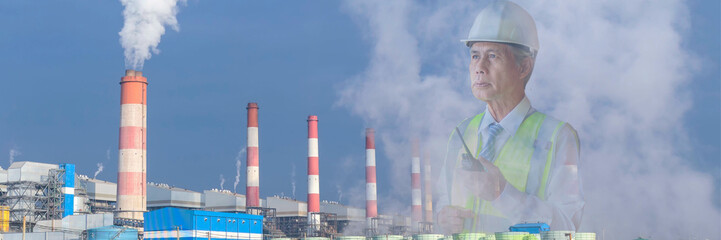 A double image of a male engineer standing in a group gassing heat overlaps a factory image. global...