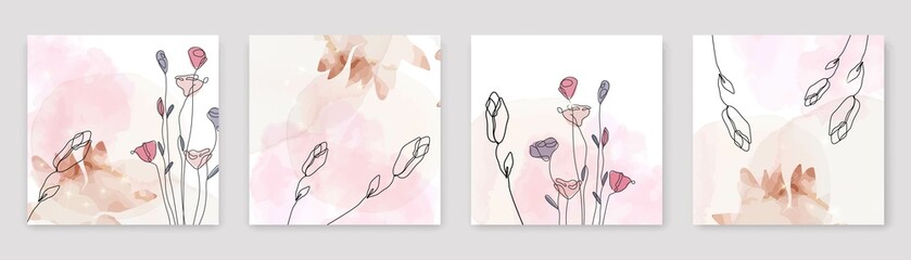 Floral Cards Set. Flowers and Leaves Branch Vector Hand Drawn Line Art Drawing Set. Minimalist Contemporary Design, Perfect for Wall Art, Prints, Social Media, Posters, Invitations, Branding Design.