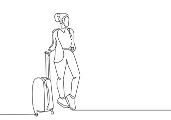 Continuous One Line Drawing of Woman with Suitcase. Woman in Travel One Line Illustration. Female Line Abstract Portrait. Minimalist Contour Drawing. Vector EPS 10