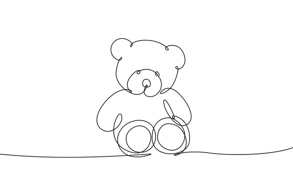 Teddy Bear Continuous Line Drawing. Soft Toy Simple Modern Contour Drawing. Bear Toy Continuous One Single Line Drawing. Vector EPS 10.