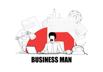 Hand drawn business man working in office. illustration of business man