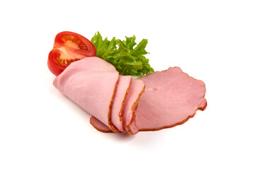 Sliced Hot smoked ham, isolated on white background.