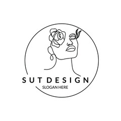 sexy woman face line art floral abstract style with flowers and earrings