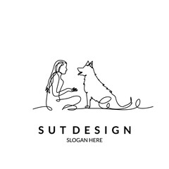 woman talking to dog golden line art logo vector art