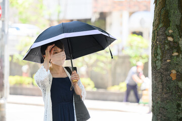  Woman with parasol, in the street, with mask
