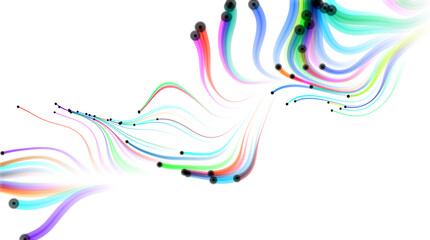 Multicolored flowing particles on white background. Illustration.